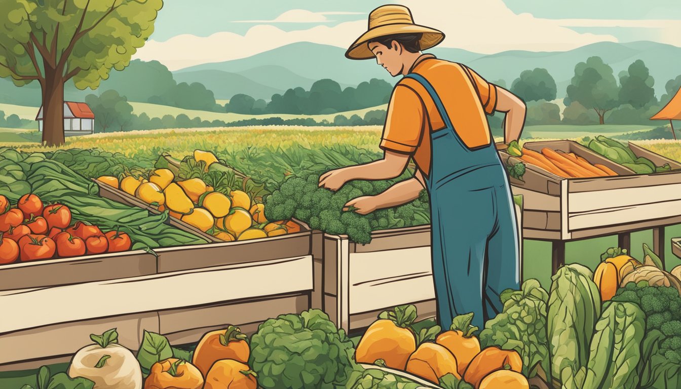 A farmer harvesting fresh produce next to a McDonald's breakfast menu board, with a diverse array of crops in the background