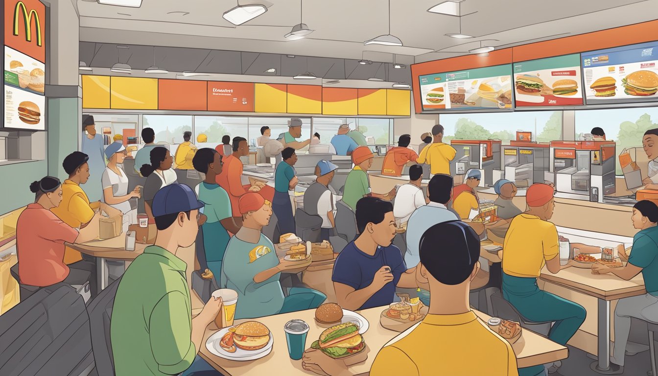 A bustling McDonald's breakfast rush with a diverse menu and customers expressing their preferences