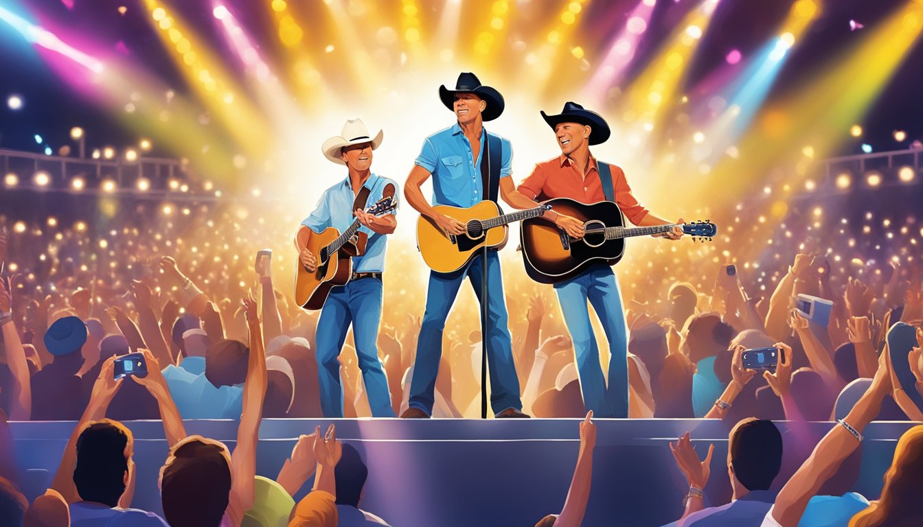 Two country music legends, Kenny Chesney and George Strait, performing a duet on stage, surrounded by cheering fans and colorful stage lights