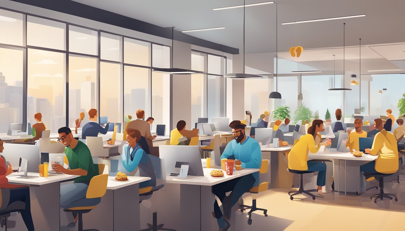 A bustling office with employees enjoying McDonald's breakfast while seamlessly integrating digital technology into their work