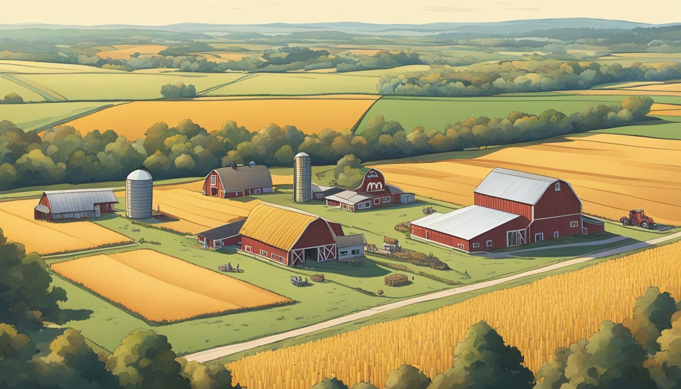 A sprawling American farm with fields of wheat and potato, and a barn in the distance. A McDonald's restaurant stands nearby, with a line of customers waiting for breakfast