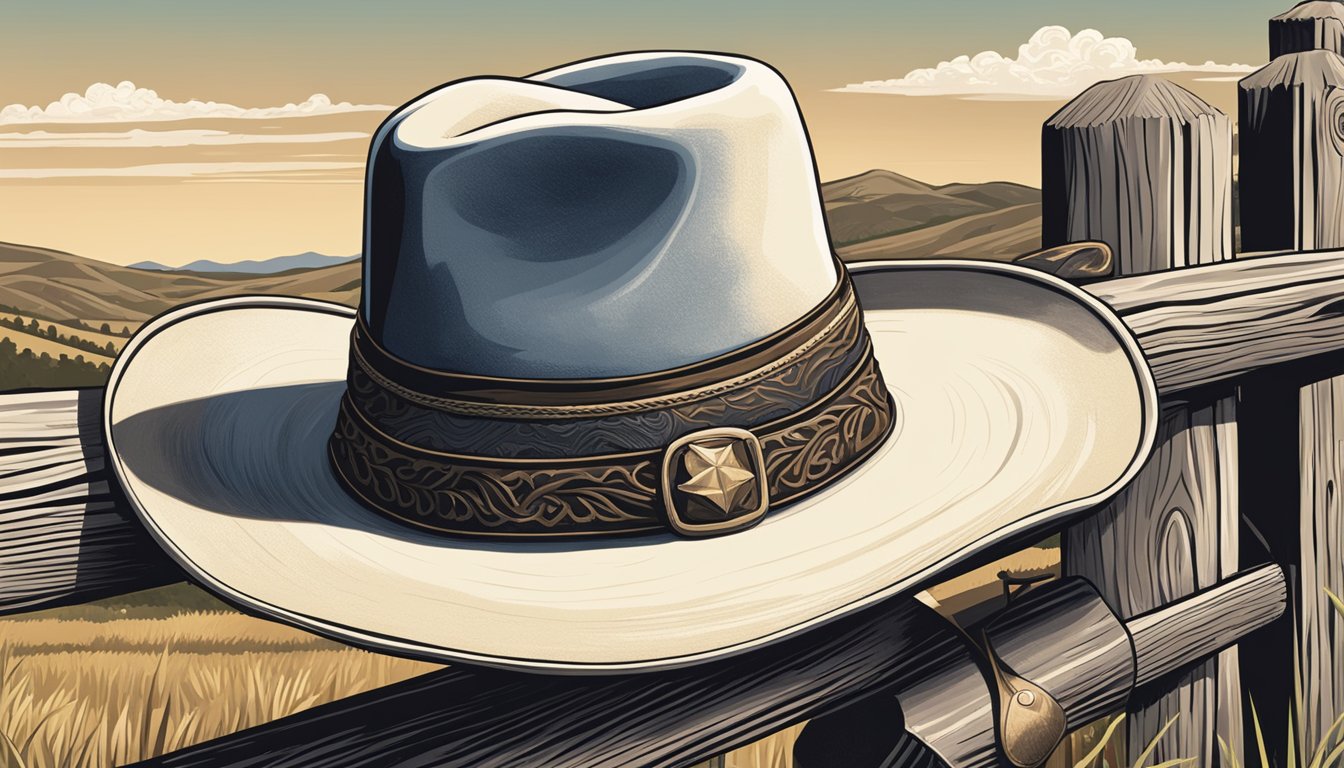 A cowboy hat resting on a wooden fence post, with a guitar leaning against it, set against a backdrop of rolling hills and a bright blue sky