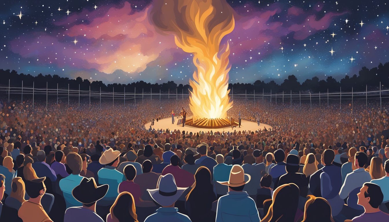 A roaring bonfire illuminates a packed concert venue, as fans cheer for George Strait under a starry night sky