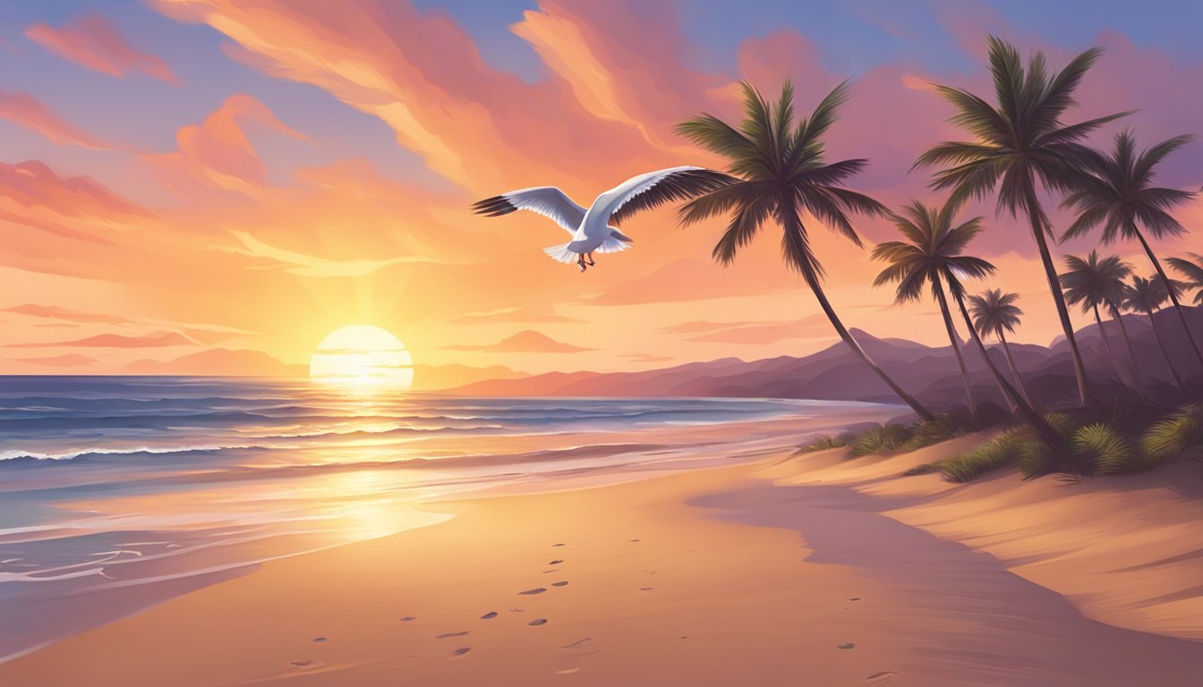 A serene beach at sunset, with gentle waves rolling onto the shore and seagulls soaring overhead. Palm trees sway in the breeze as the sun dips below the horizon