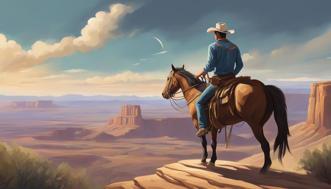 A lone cowboy rides through a rugged landscape, with a guitar slung over his shoulder and a big sky overhead