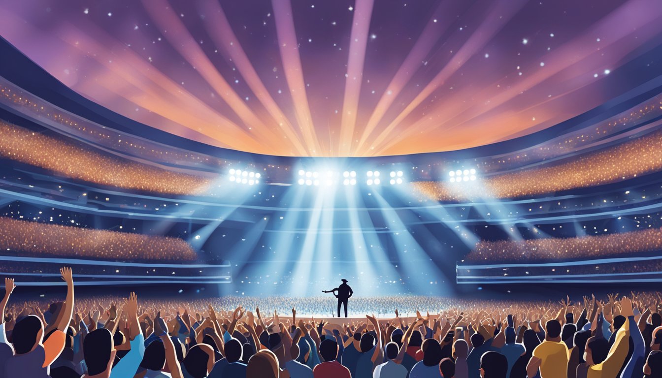 A packed stadium with stage lights shining down on a sea of cheering fans, waving their arms and swaying to the music as George Strait performs on stage