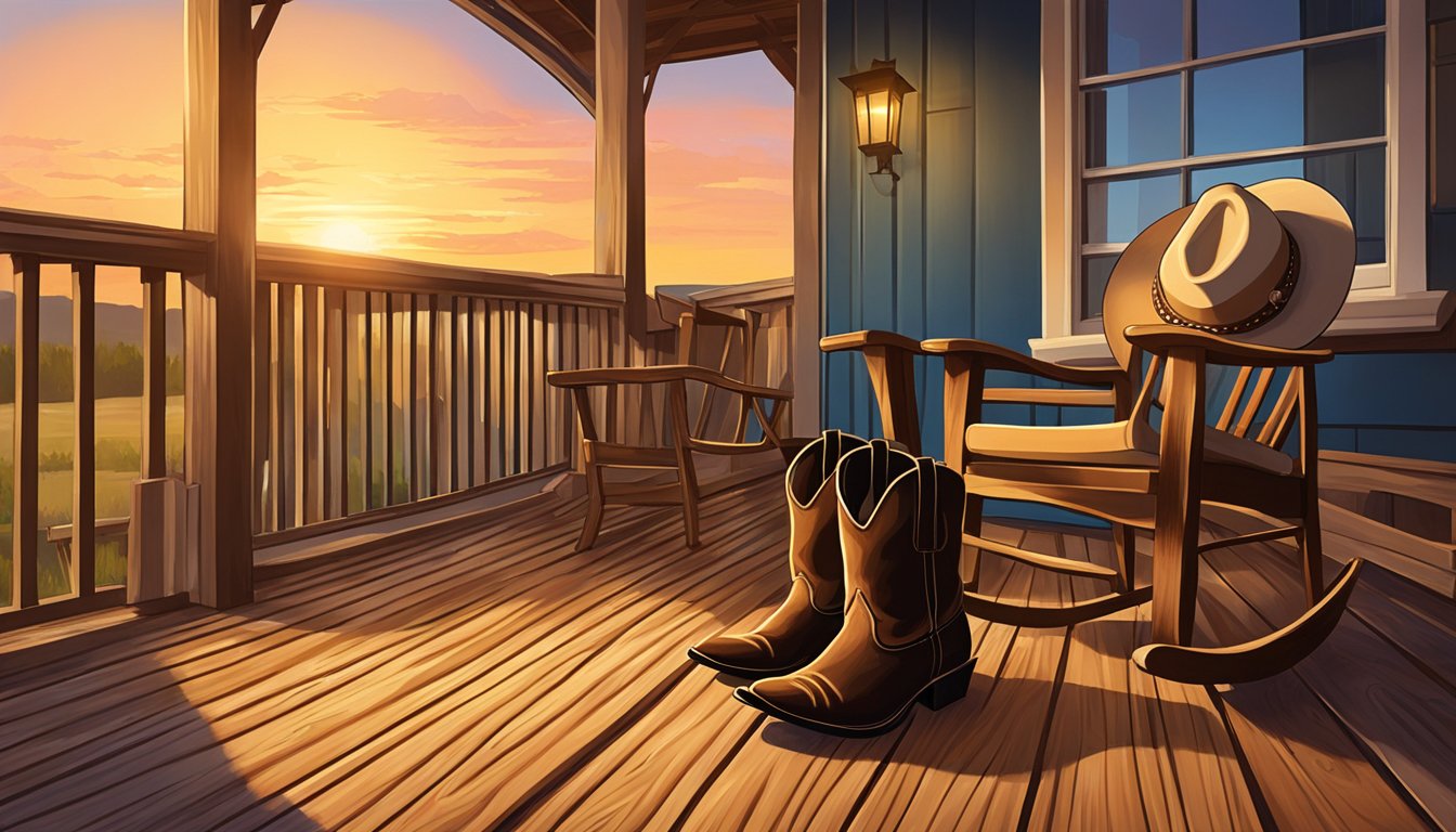 A cowboy hat and boots on a wooden porch, with a guitar leaning against a chair and a sunset in the background