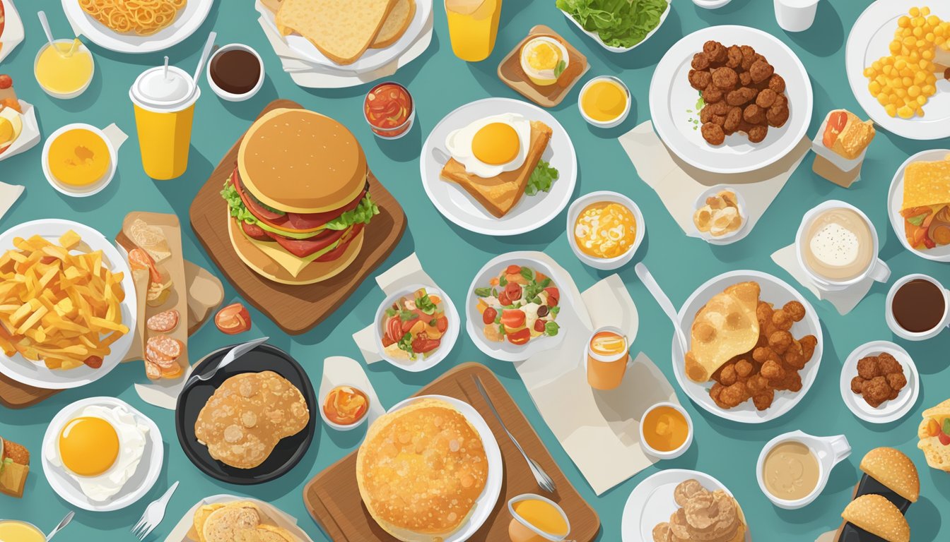 A table with McDonald's breakfast items and a variety of breakfast-themed restaurant dishes displayed for nutritional analysis