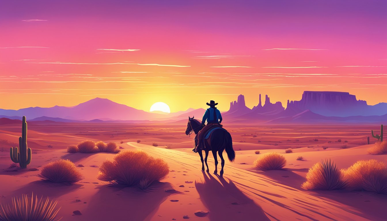 A lone cowboy rides through a desert landscape at sunset, with a row of neon signs glowing in the distance