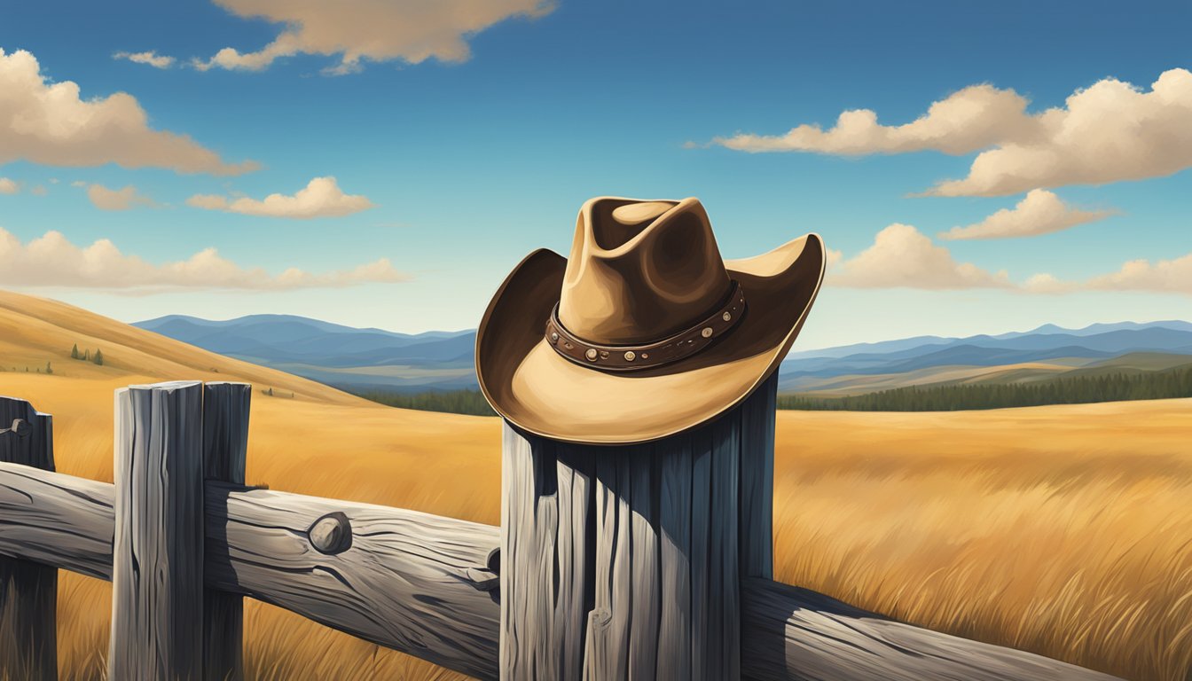 A lone cowboy hat rests on a weathered fence post, surrounded by rolling hills and a vast blue sky