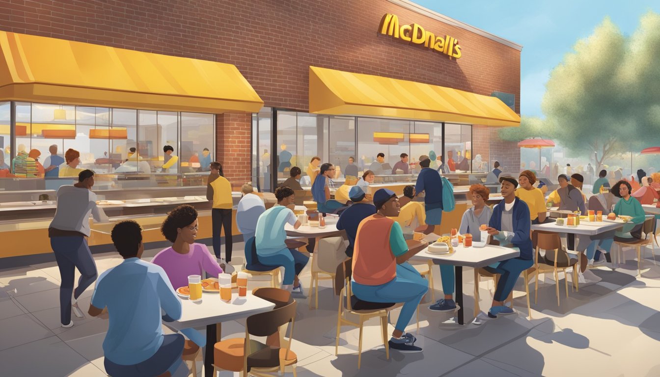 A bustling McDonald's breakfast scene with customers enjoying their meals, while nearby breakfast-themed restaurants begin to pop up in the background