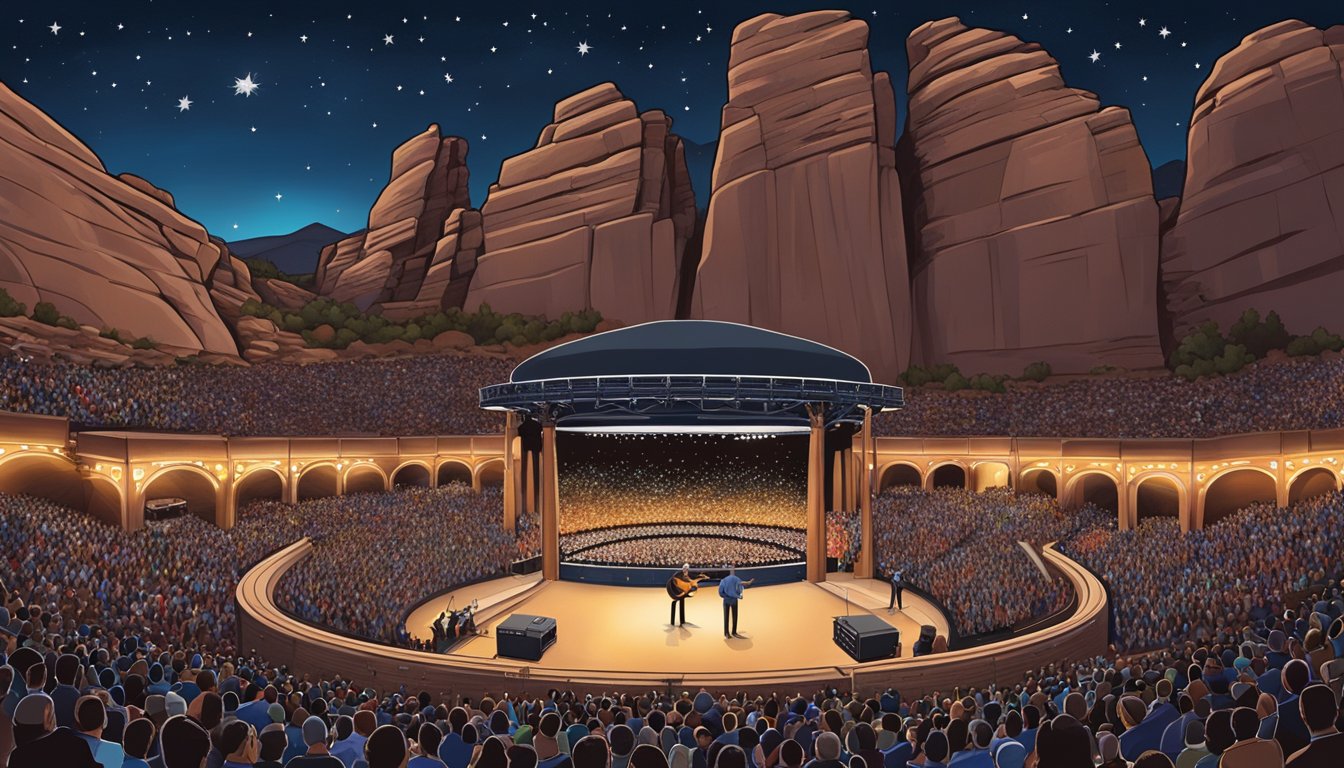 The iconic Red Rocks amphitheater filled with fans as George Strait performs an acoustic set, surrounded by towering rock formations and a starry night sky