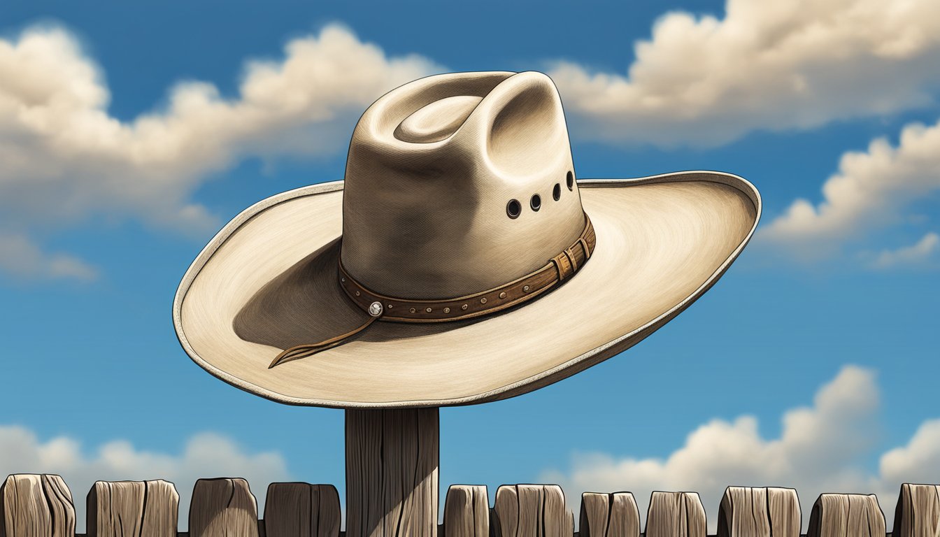 A lone cowboy hat rests on a weathered wooden fence post beneath a vast, vibrant blue sky