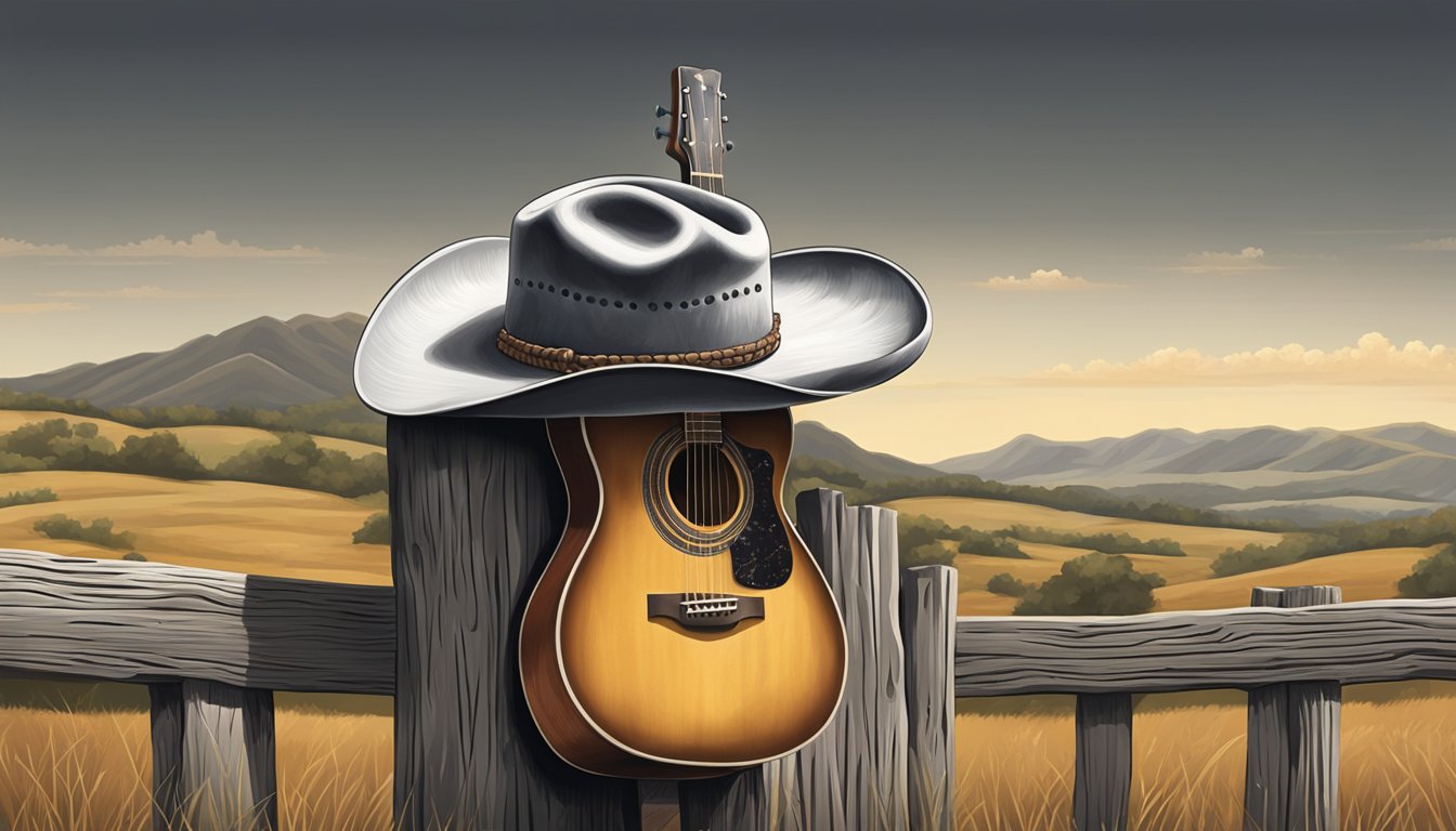 A cowboy hat resting on a weathered wooden fence post, with a guitar leaning against it, set against a backdrop of rolling hills and a big Texas sky