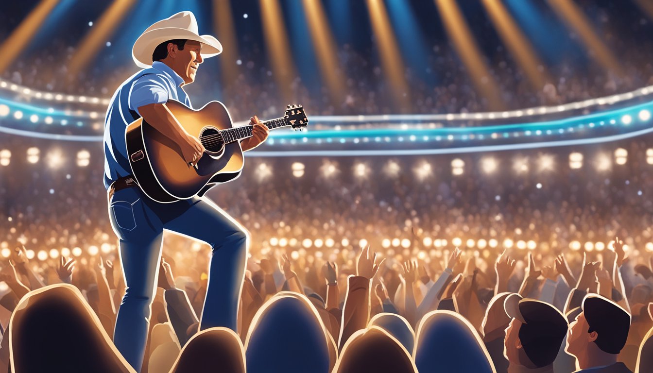 A crowd of fans cheer as George Strait performs on stage, surrounded by bright lights and a backdrop of his iconic cowboy hat and guitar