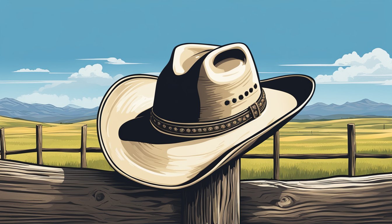 A cowboy hat resting on a weathered wooden fence post, with a backdrop of rolling hills and a bright blue sky