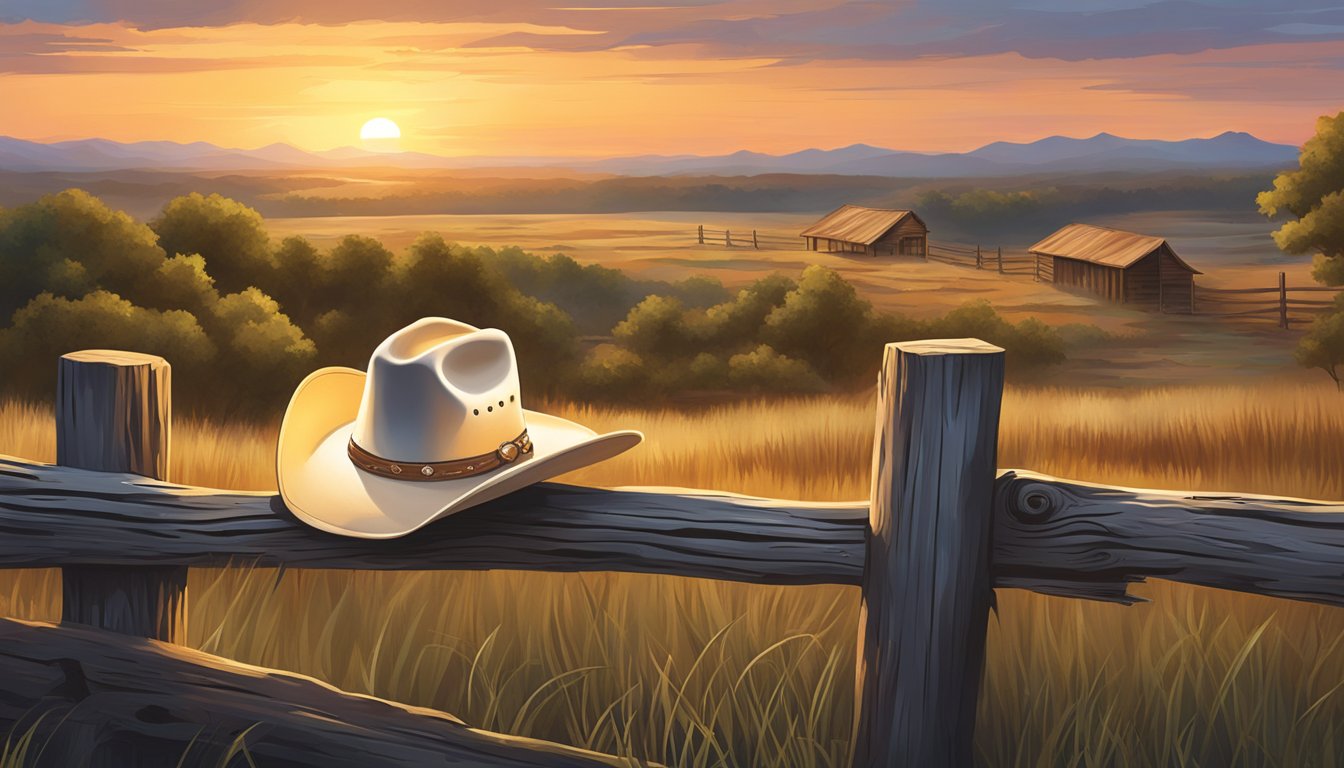 A cowboy hat resting on a weathered wooden fence post, with a backdrop of a sprawling Texas landscape at sunset