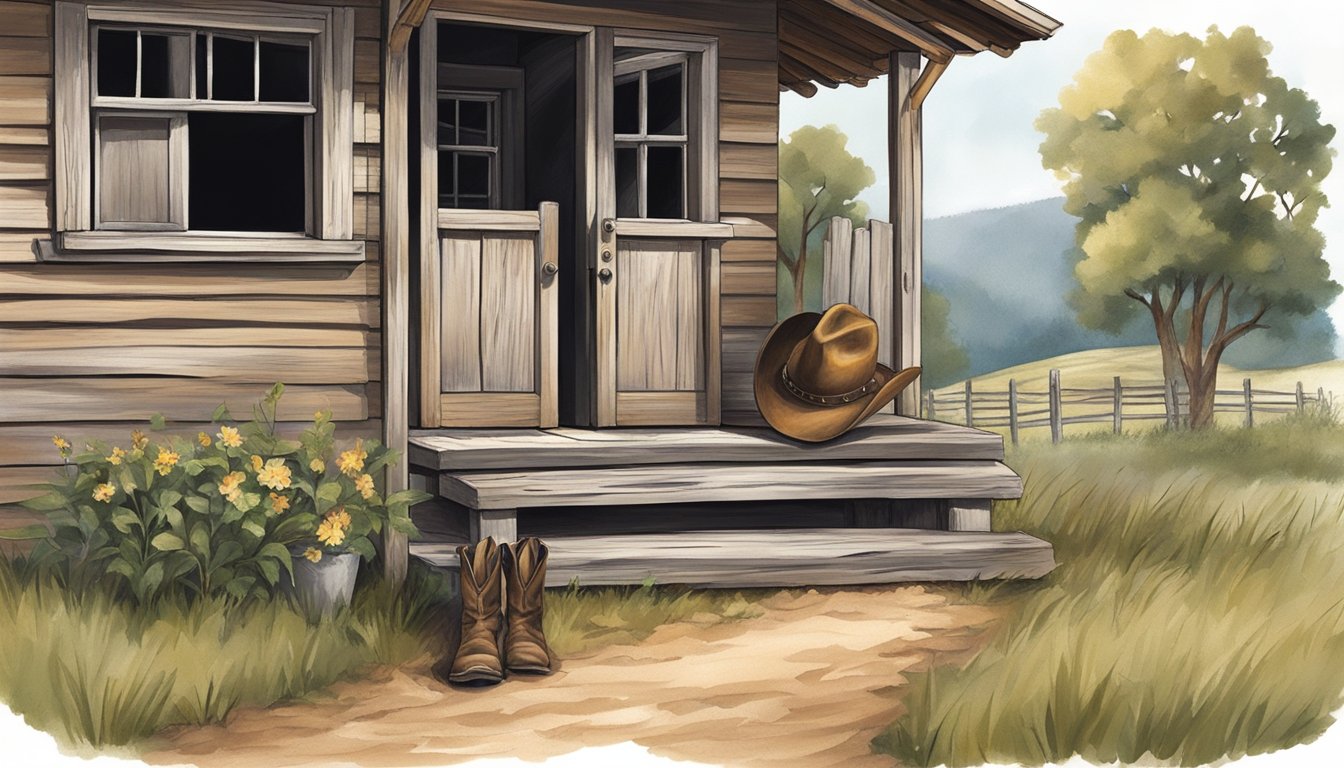 A rustic barn nestled in rolling hills, with a cowboy hat resting on a fence post and a pair of weathered boots on the front porch