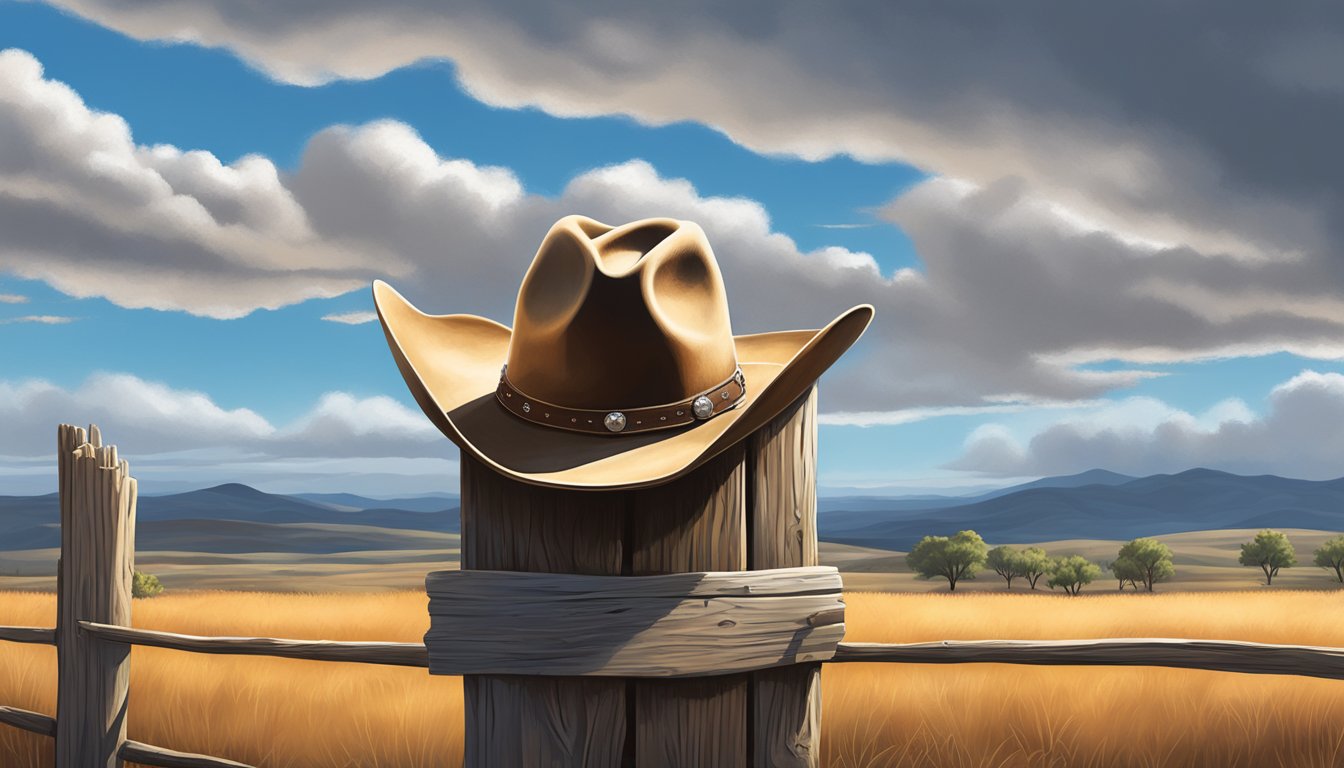 A lone cowboy hat rests on a weathered wooden fence post, surrounded by rolling hills and a big Texas sky