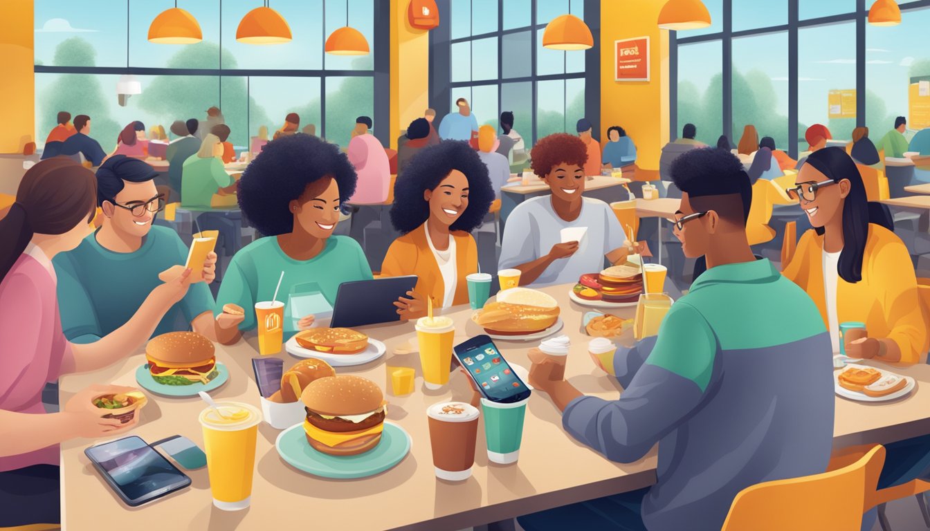 A bustling McDonald's breakfast scene with customers enjoying their meals while engaging with social media on their smartphones