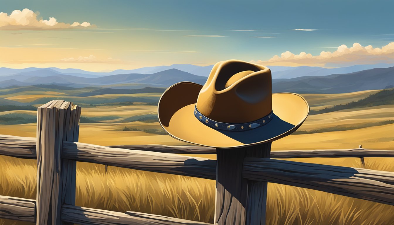 A lone cowboy hat sits atop a weathered wooden fence, surrounded by rolling hills and a vast open sky