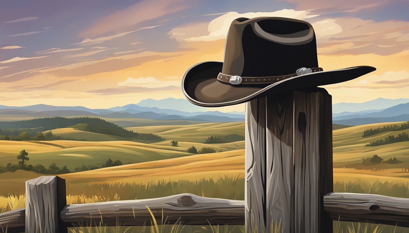 A lone cowboy hat sits atop a weathered wooden fence post, surrounded by rolling hills and a vast, open sky