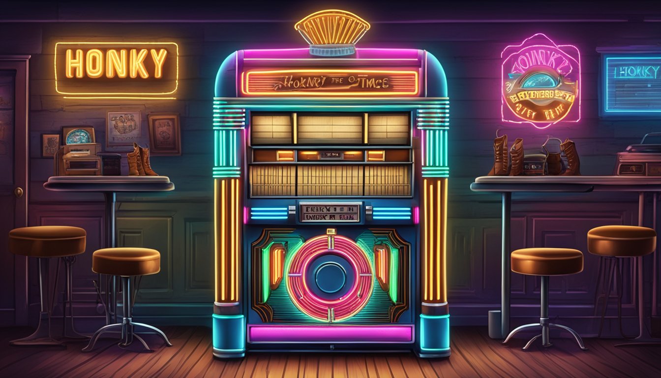 A vintage jukebox surrounded by cowboy boots and hats, with a neon sign flickering "Honky Tonk Time Machine" above a dance floor