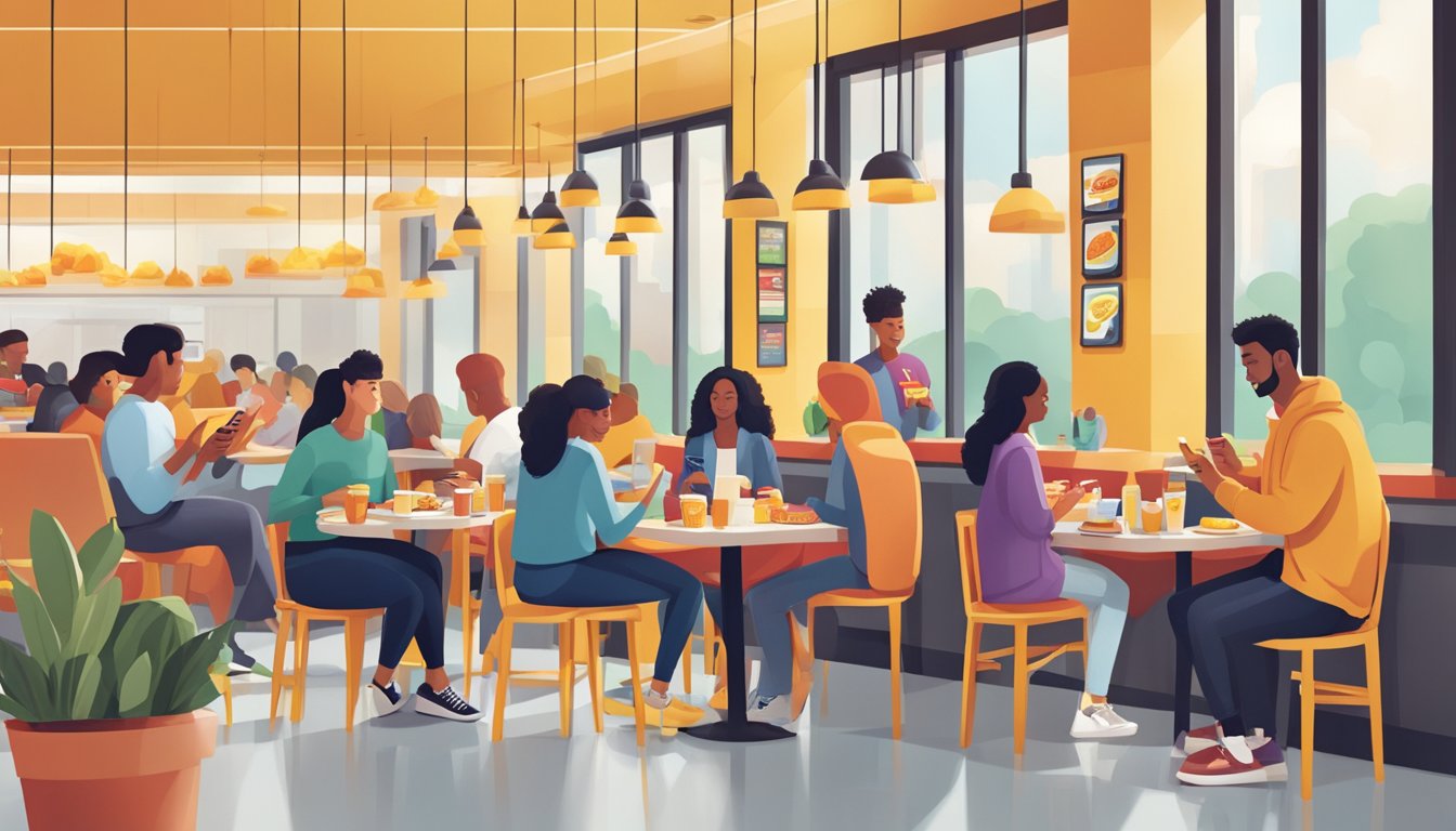 A bustling McDonald's breakfast scene with customers enjoying their meals while engaging with social media on their smartphones