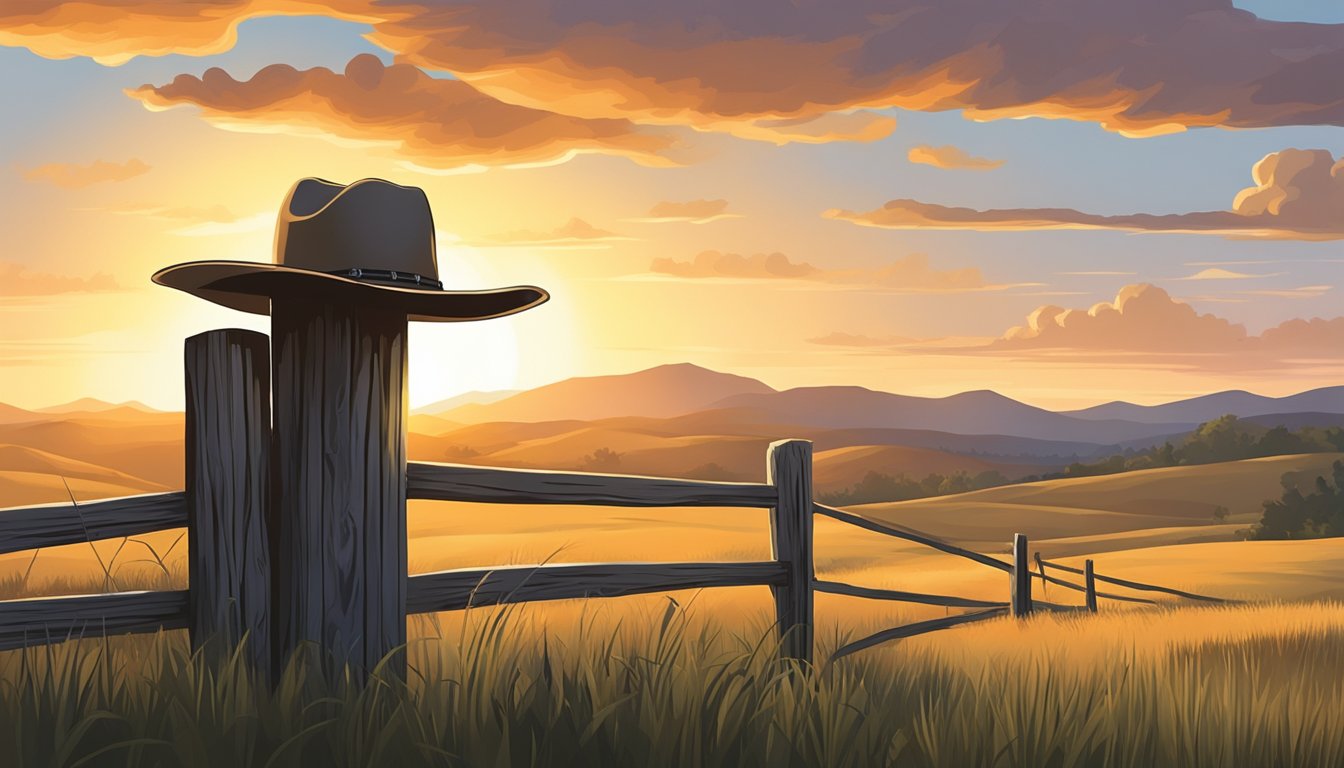 A lone cowboy hat rests on a weathered fence post, surrounded by rolling hills and a setting sun