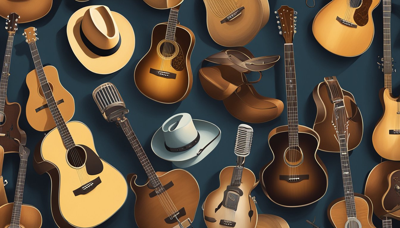 A lone microphone stands center stage, surrounded by vintage guitars and cowboy hats. The spotlight casts a warm glow on the instruments, evoking a sense of timeless country music