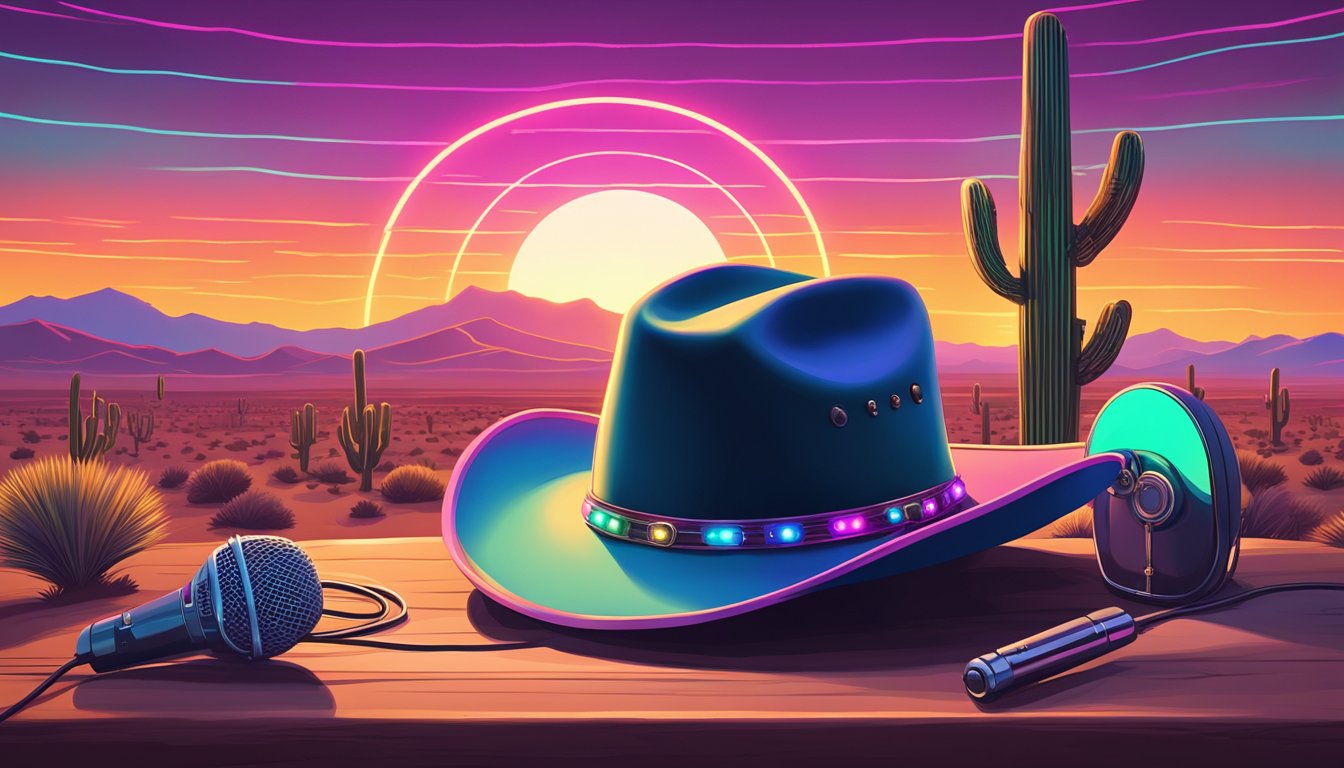 A lone cowboy hat sits atop a vintage microphone, surrounded by neon lights and a desert landscape