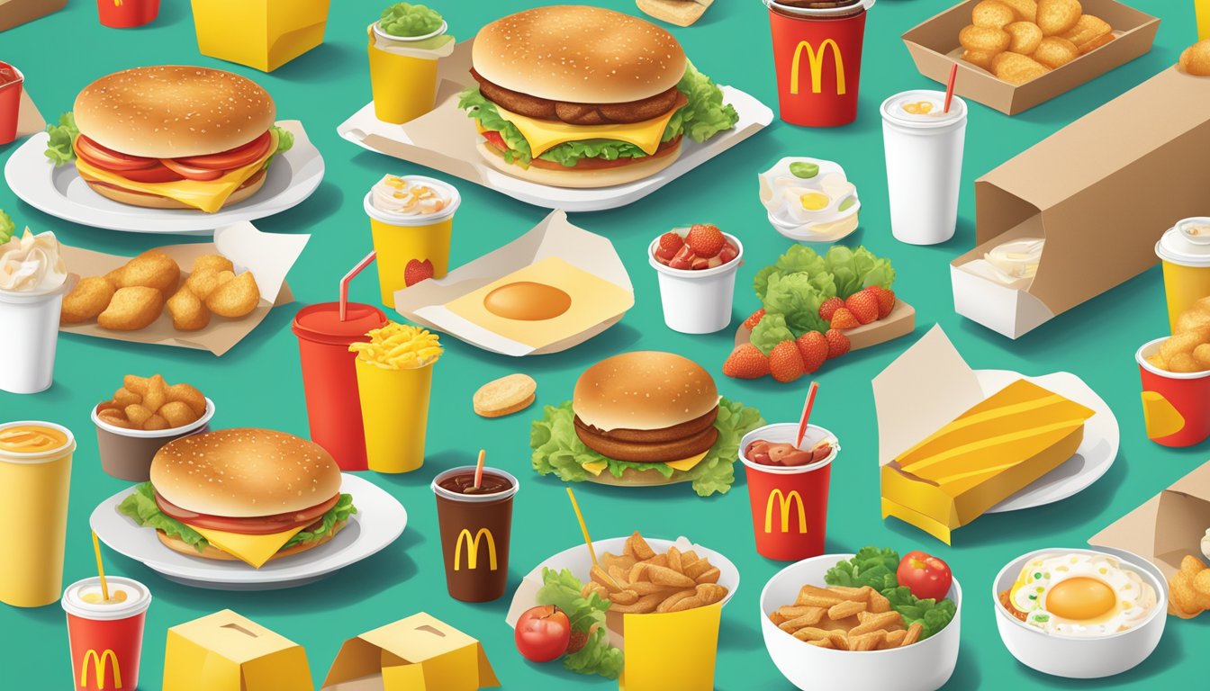 A bustling McDonald's breakfast scene with social media icons, fresh produce, and eco-friendly packaging