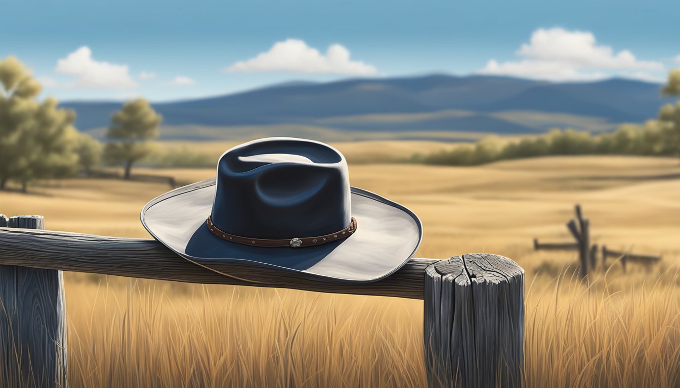 A lone cowboy hat rests on a weathered wooden fence post, surrounded by rolling hills and a vast blue sky