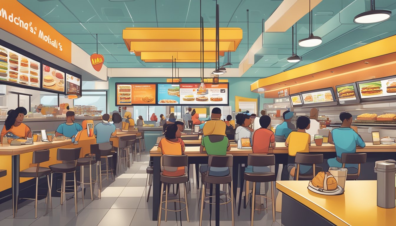 A bustling McDonald's restaurant with customers ordering breakfast items, while social media icons and hashtags are displayed prominently on digital screens