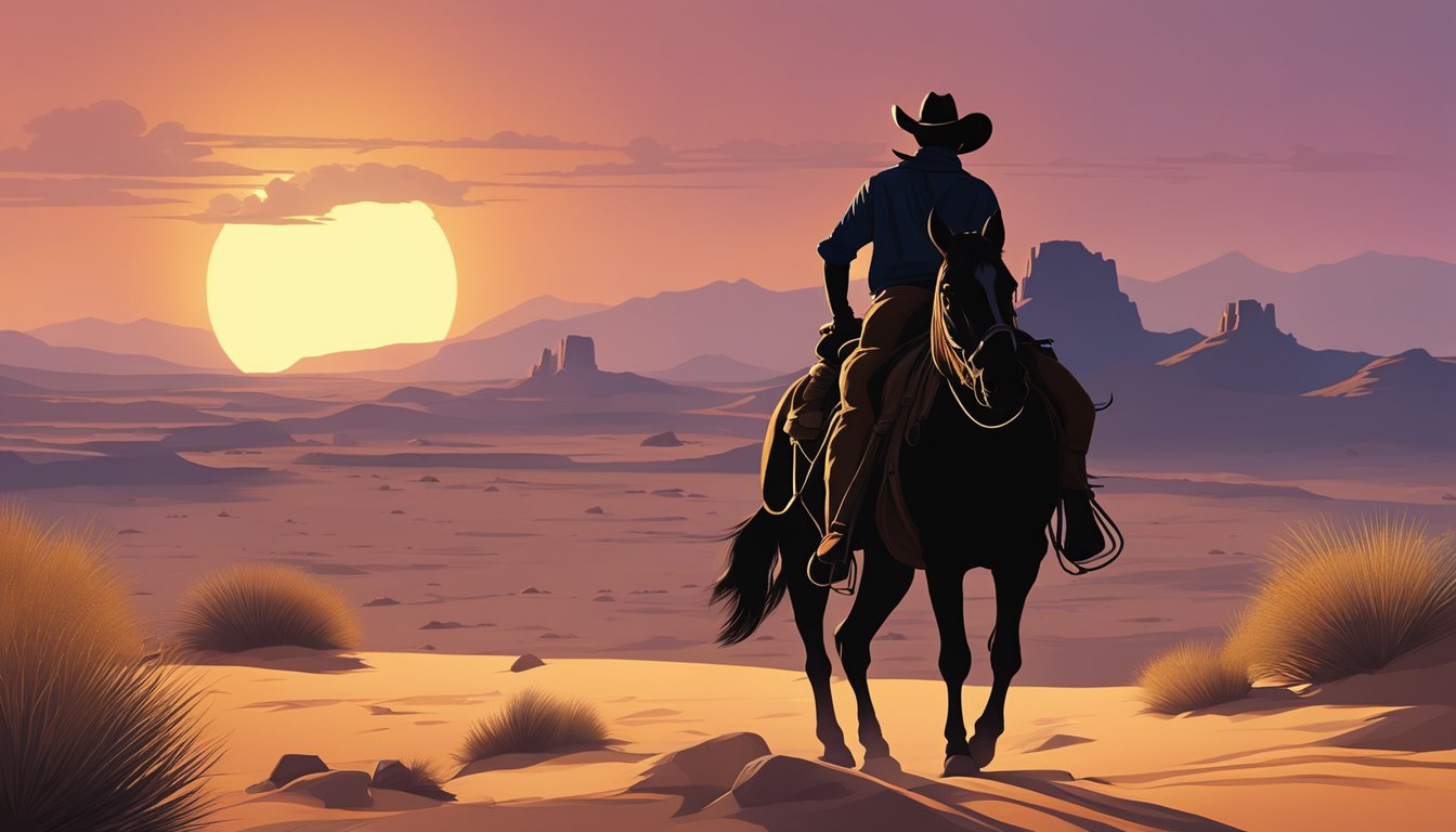 A lone cowboy rides through a vast desert landscape, silhouetted against a setting sun, with a guitar slung over his shoulder