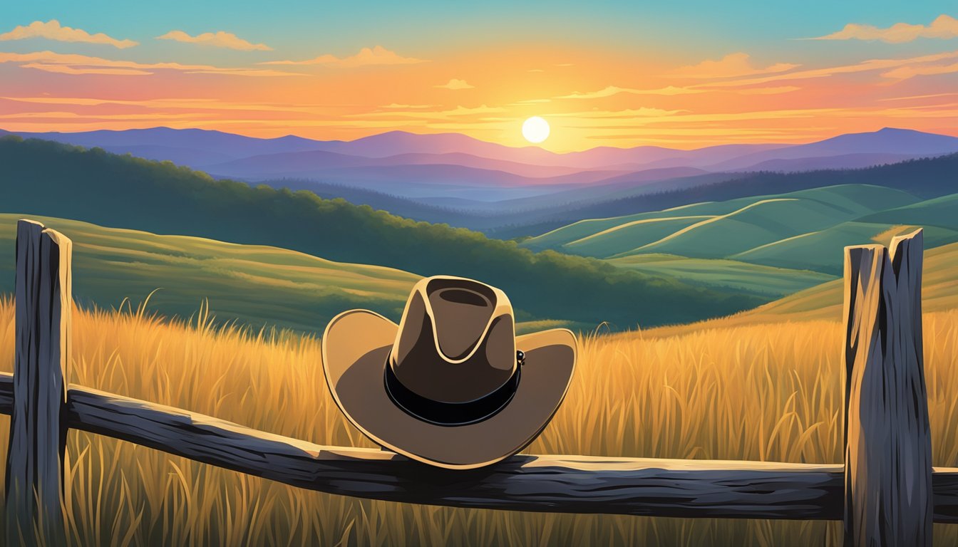 A lone cowboy hat resting on a weathered fence post, surrounded by rolling hills and a vibrant sunset