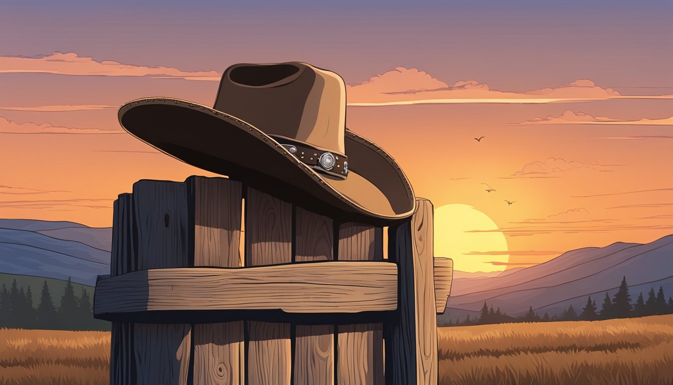 A lone cowboy hat rests on a weathered wooden fence, surrounded by rolling hills and a sunset sky, while a guitar leans against the post