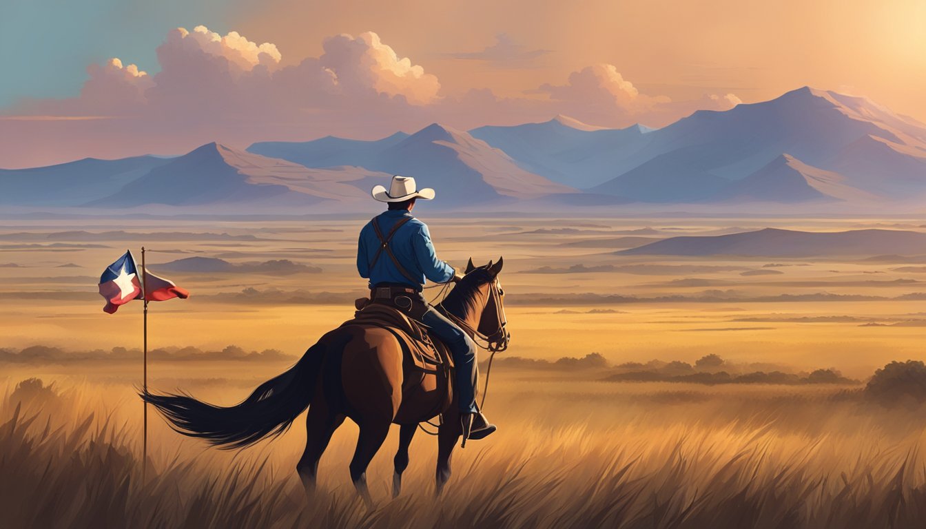 A lone cowboy rides through a vast, open plain at sunrise, with a small town in the distance and the Texas flag waving in the wind