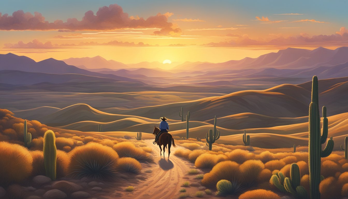 A lone cowboy rides through a vast Texas landscape, with rolling hills, cacti, and a big sky overhead. The sun sets in the distance, casting a warm glow over the scene