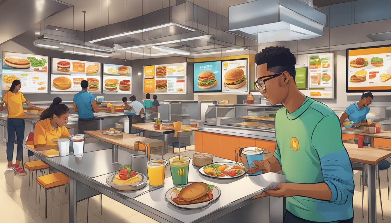 A bustling McDonald's restaurant with a diverse breakfast menu displayed on digital screens, while a photographer captures an array of colorful and appetizing breakfast items on a sleek, modern tabletop set