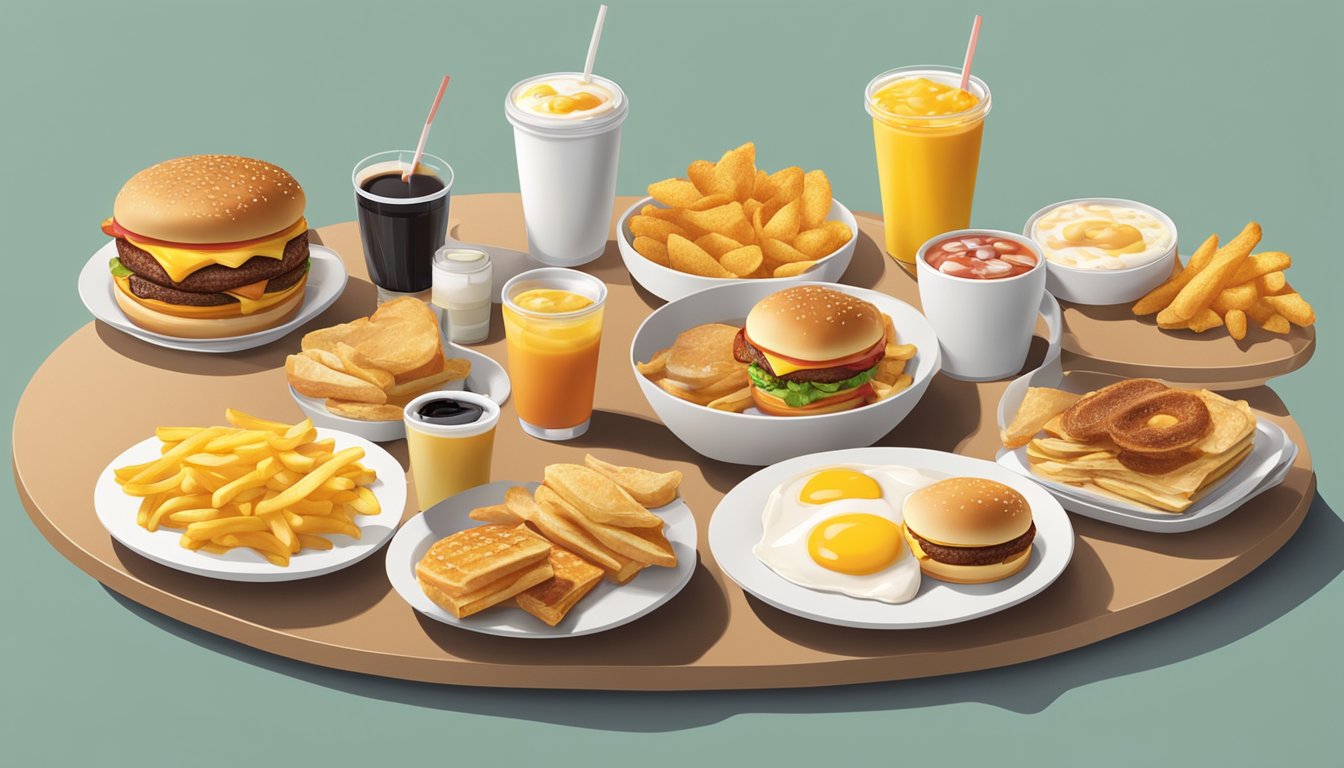 A table set with a variety of McDonald's breakfast items, arranged in an appealing and appetizing manner. The items are surrounded by professional photography equipment, including lights and a camera