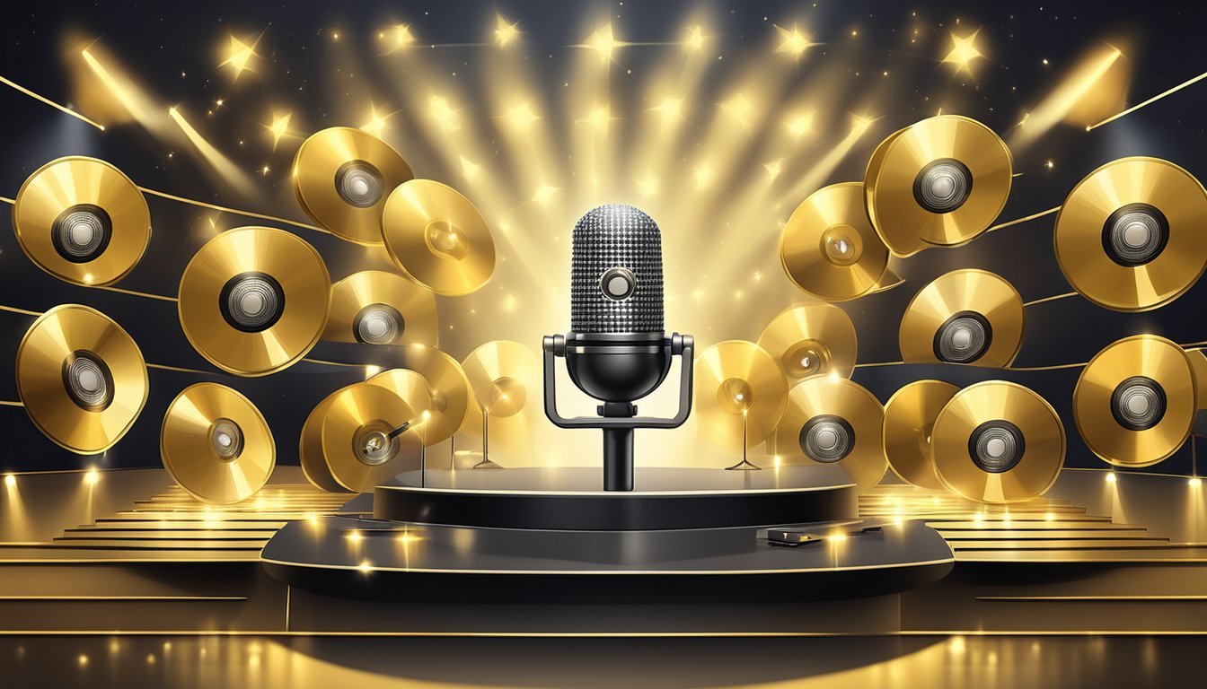 A stage with a microphone surrounded by 60 gold records, with a spotlight shining on the center