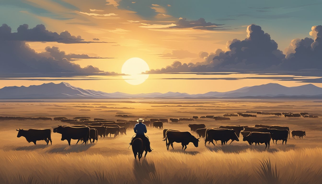 A lone cowboy rides across a vast Texas landscape, with a herd of cattle in the distance and a setting sun in the sky