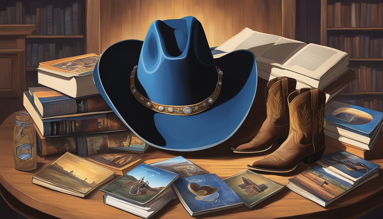 A cowboy hat surrounded by a collection of George Strait albums, with a pair of cowboy boots resting nearby