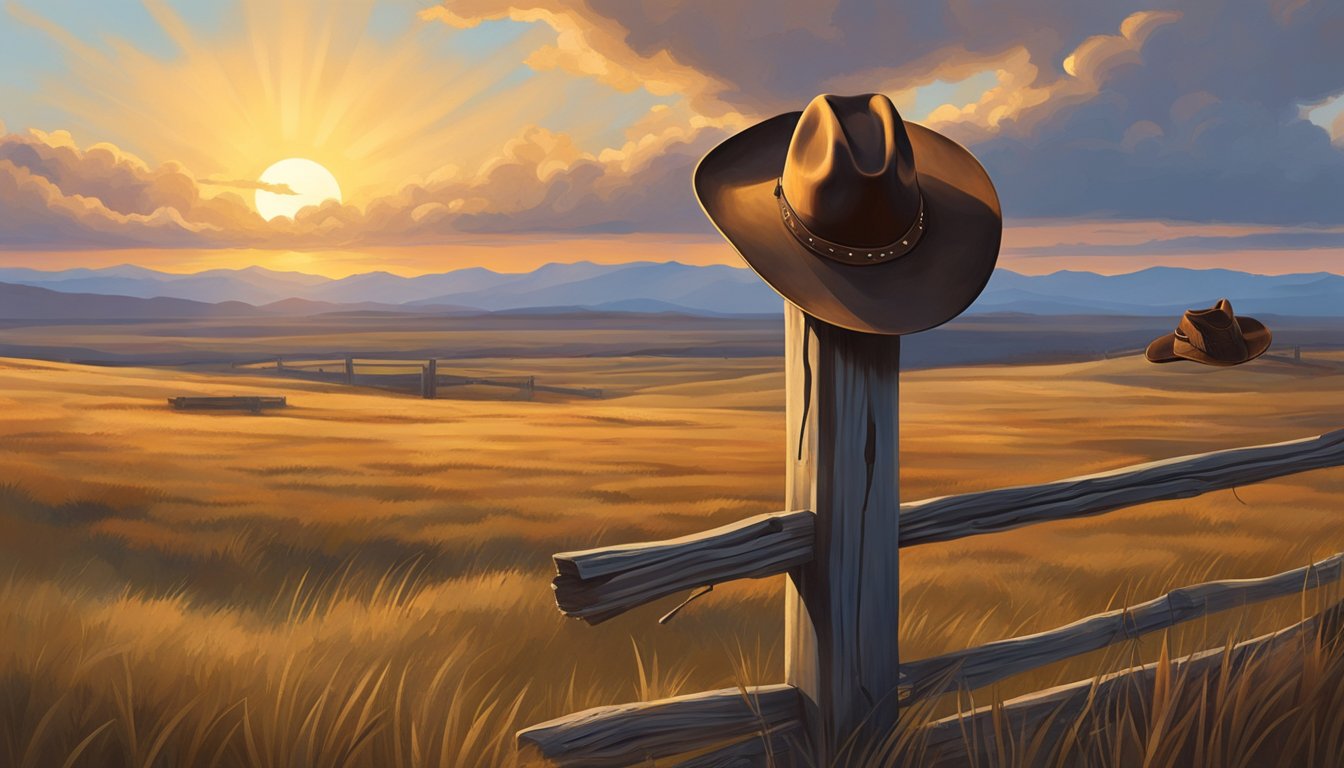 A lone cowboy hat resting on a weathered wooden fence post, with a pair of worn leather boots nearby. The sun sets over a vast open prairie, casting a warm glow on the iconic Western attire