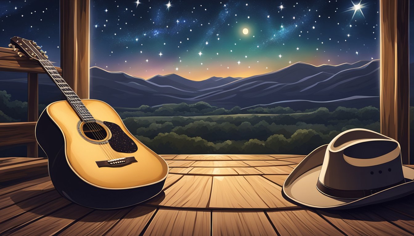 A cowboy hat and guitar resting on a wooden stage under a spotlight, surrounded by images of a starry night sky and a country landscape