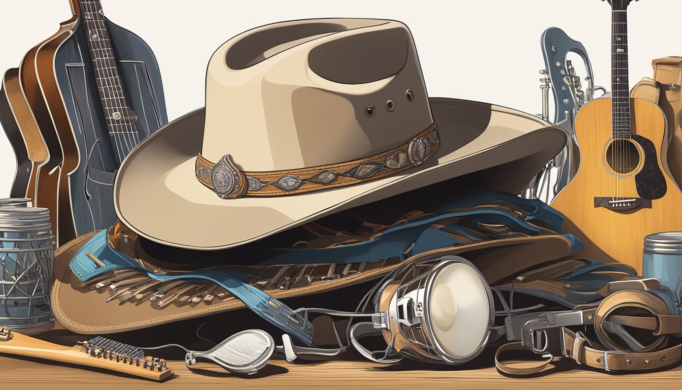 A cowboy hat surrounded by musical instruments and a spotlight, symbolizing George Strait's enduring influence on aspiring artists