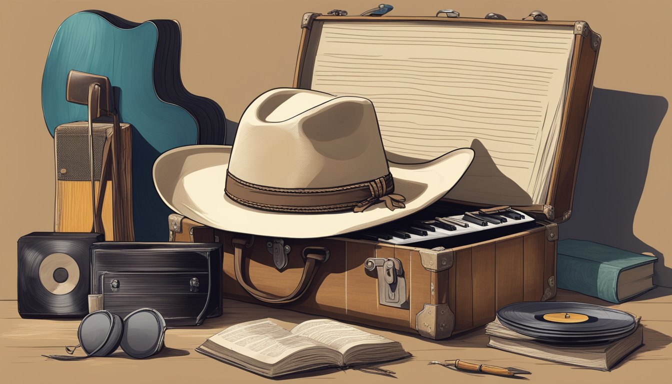 A cowboy hat resting on a weathered guitar case, surrounded by old vinyl records and a worn-out notebook filled with song lyrics