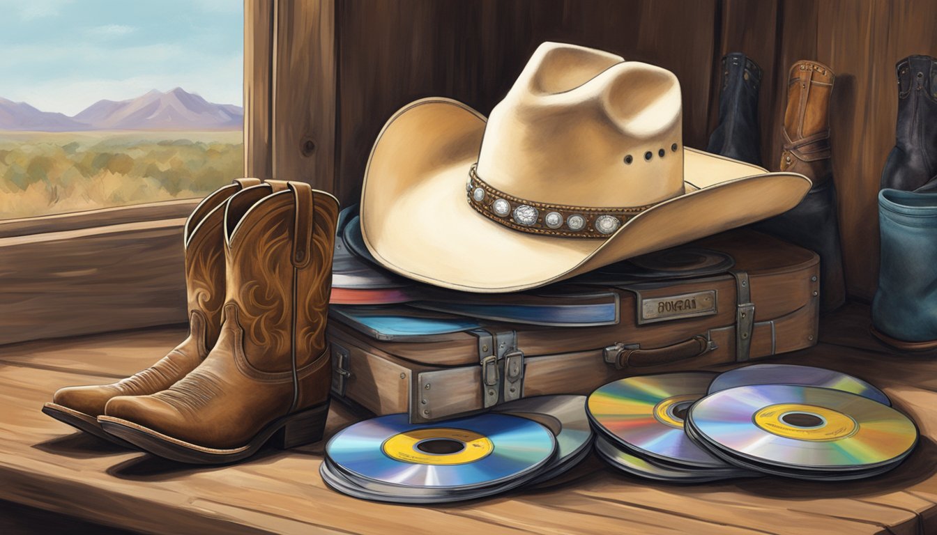 A cowboy hat resting on a weathered guitar case, surrounded by a pair of well-worn cowboy boots and a stack of George Strait CDs