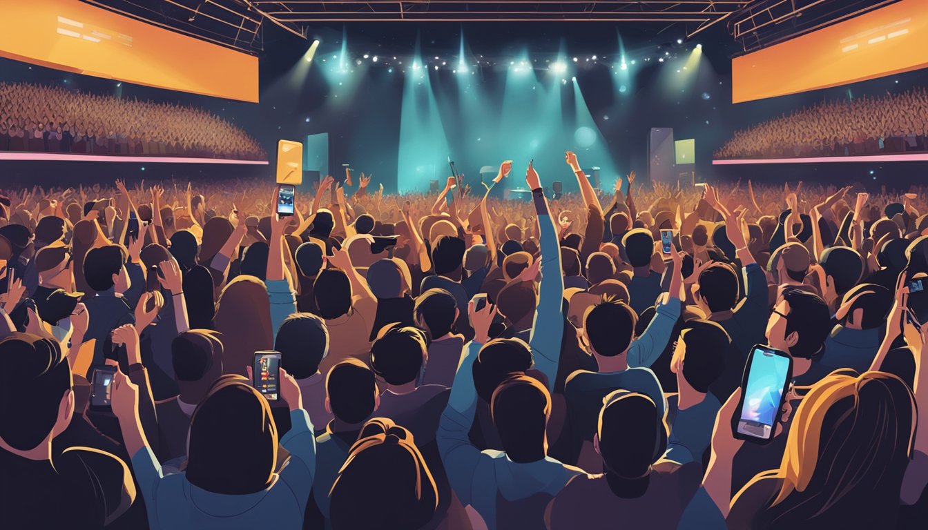 A crowded concert venue with a stage set for a live performance, surrounded by enthusiastic fans holding up their phones to capture the moment